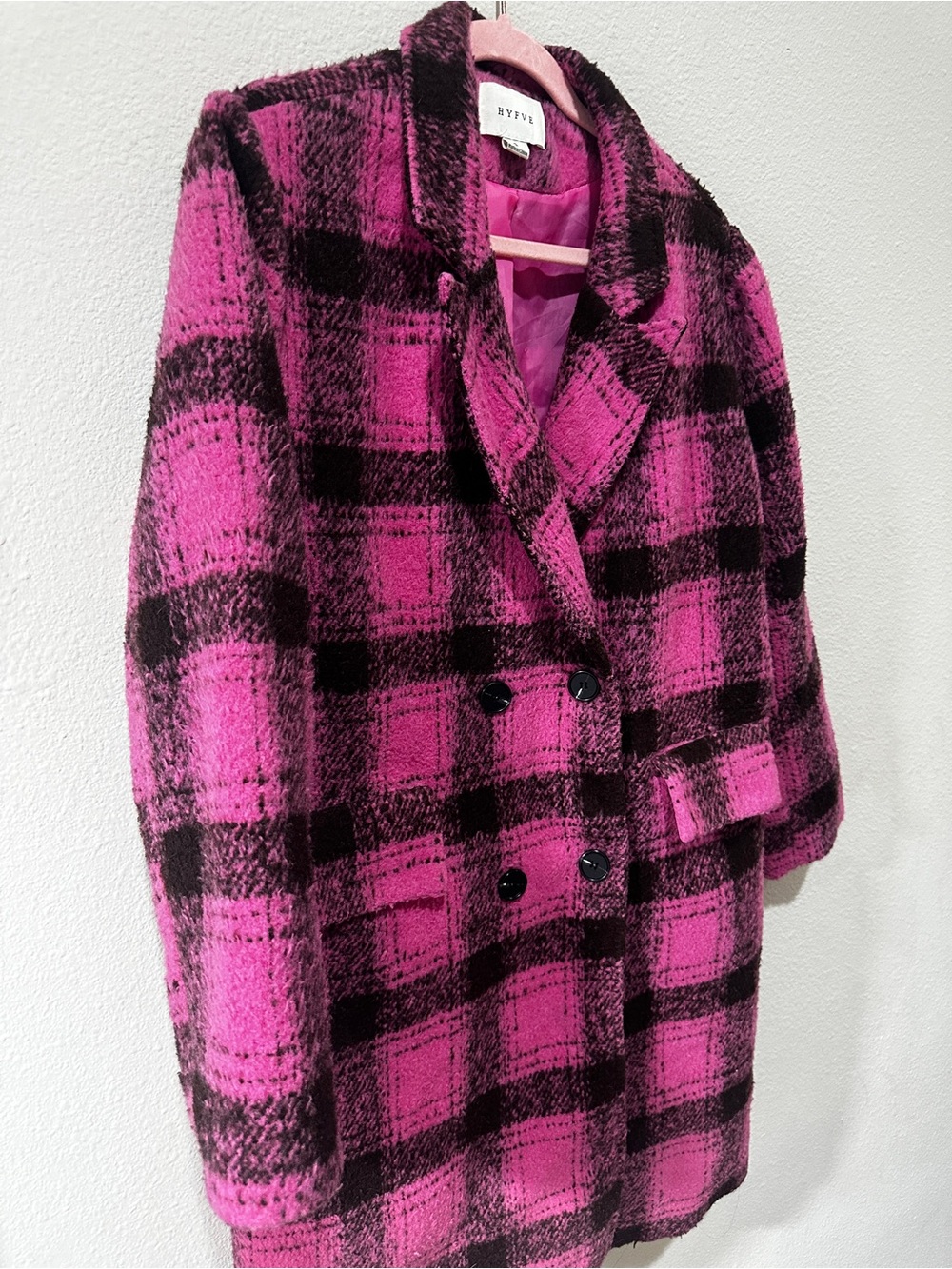 HYFVE Pink and Black Plaid Double-Breasted Pea Coat - Picture 2 of 10